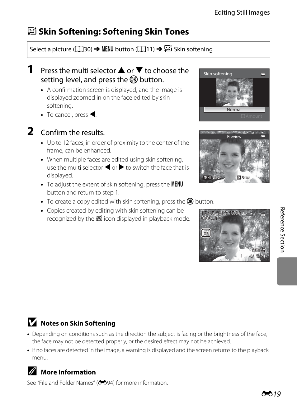 Skin softening: softening skin tones, E skin softening: softening skin tones, E19) | Confirm the results | Nikon P310 User Manual | Page 139 / 244