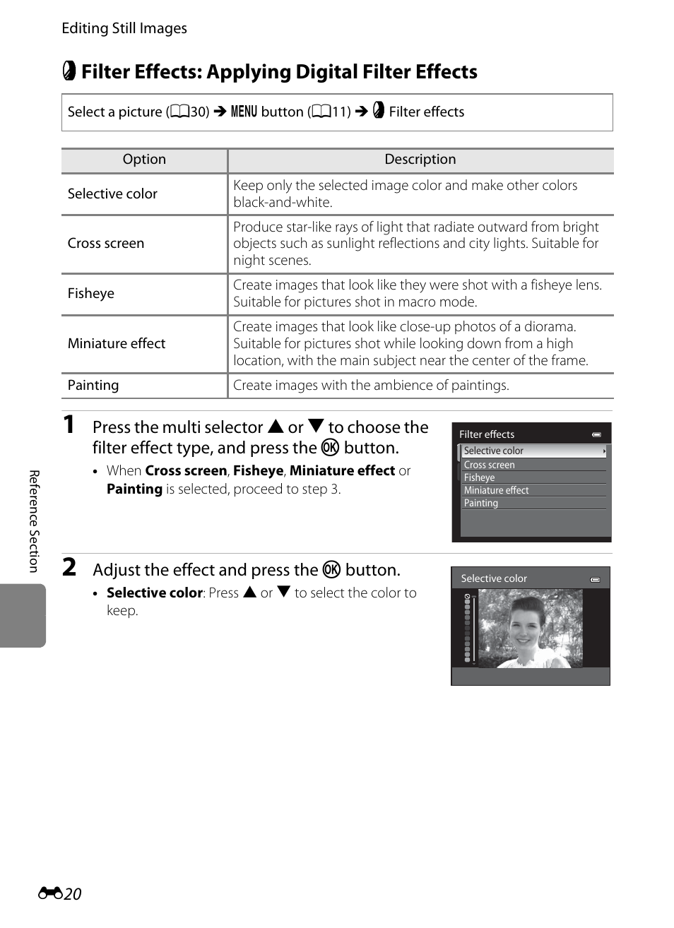 Filter effects: applying digital filter effects, P filter effects: applying digital filter effects, E20) | Nikon P310 User Manual | Page 140 / 244