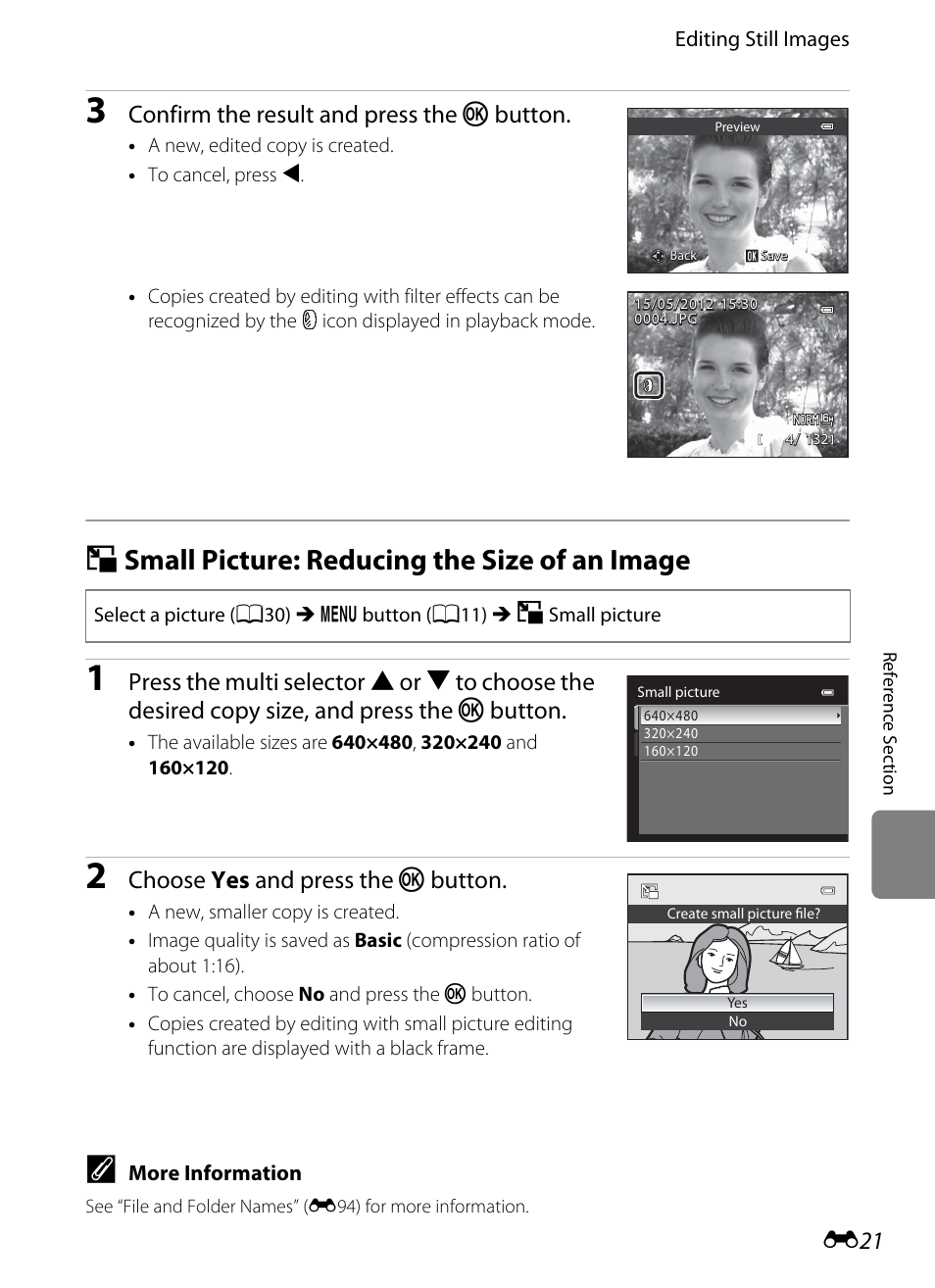 Small picture: reducing the size of an image, G small picture: reducing the size of an image, Confirm the result and press the k button | Choose yes and press the k button | Nikon P310 User Manual | Page 141 / 244