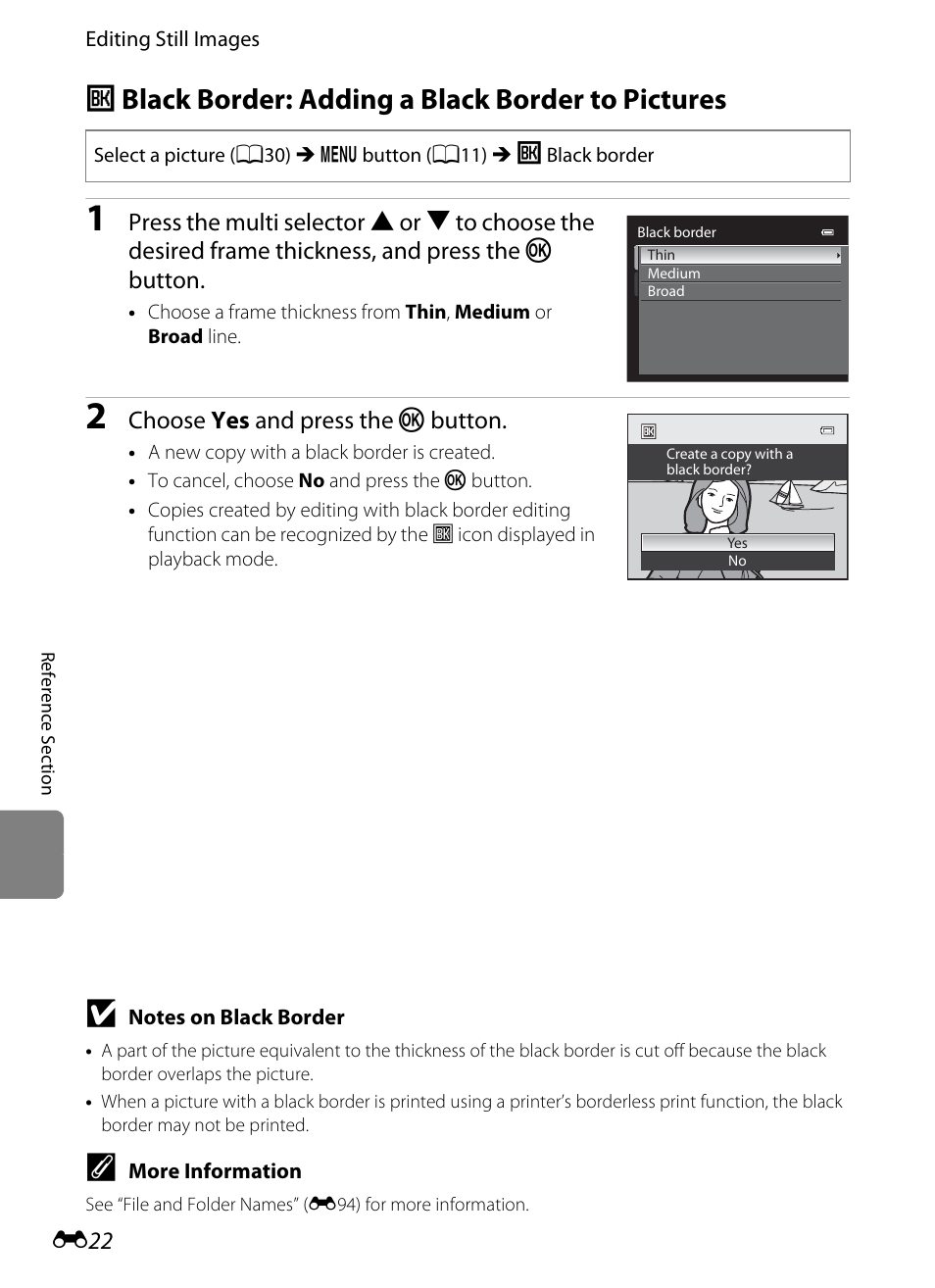 Black border: adding a black border to pictures, J black border: adding a black border to pictures, E22) | Nikon P310 User Manual | Page 142 / 244