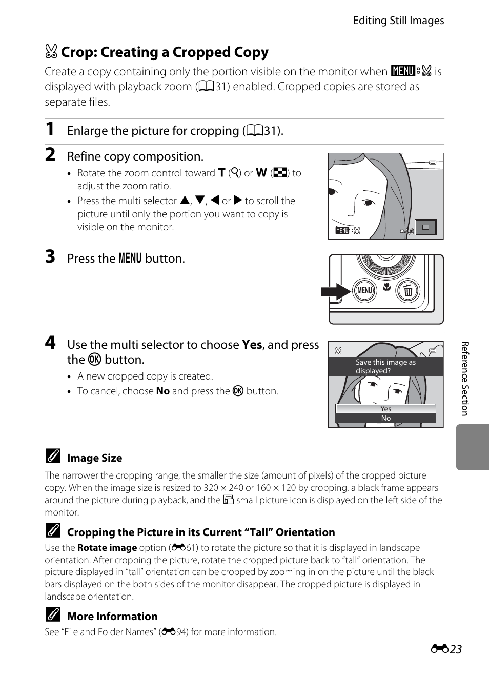 Crop: creating a cropped copy, A crop: creating a cropped copy, E23) | Nikon P310 User Manual | Page 143 / 244