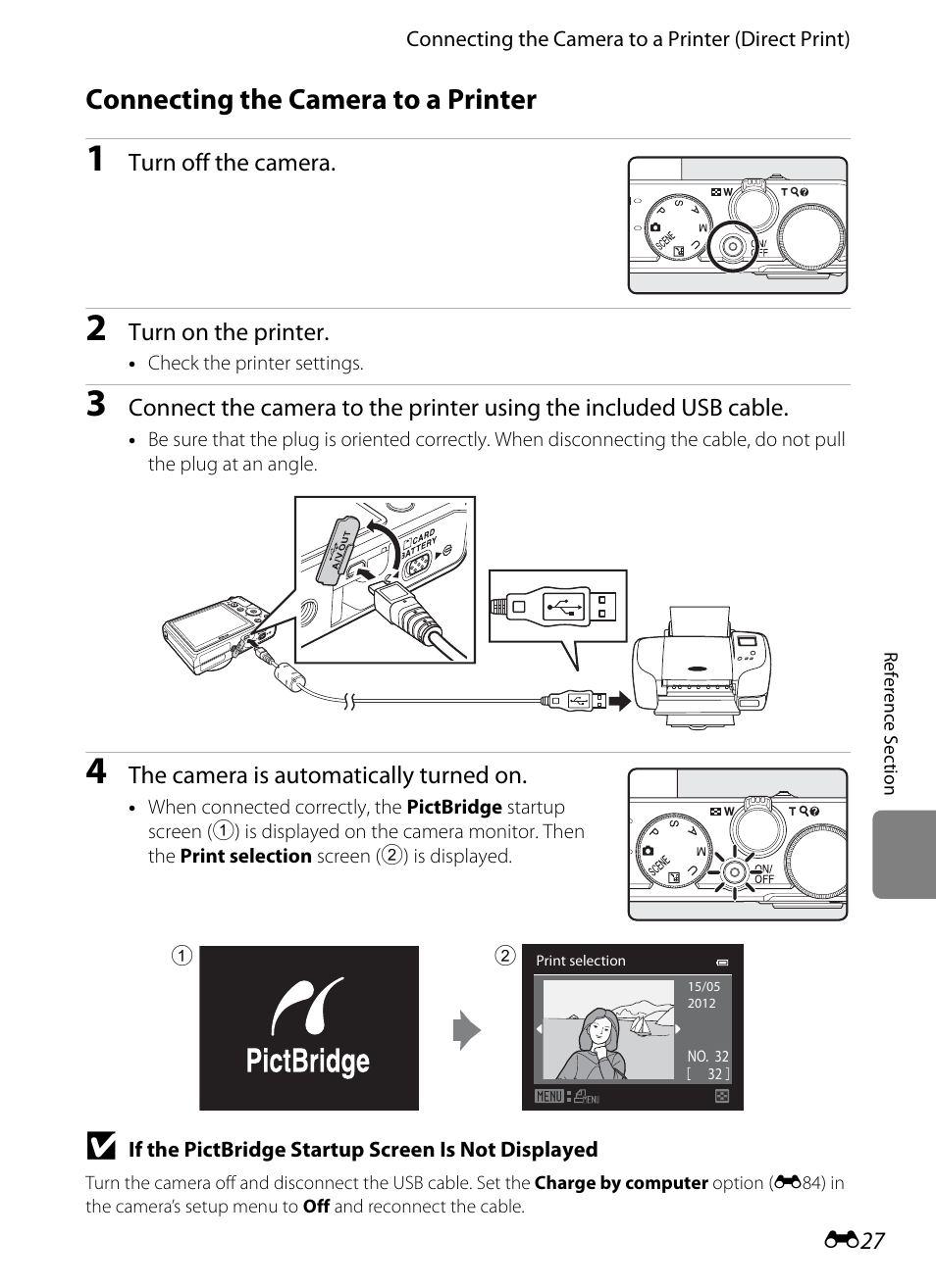 Connecting the camera to a printer, E27) | Nikon P310 User Manual | Page 147 / 244