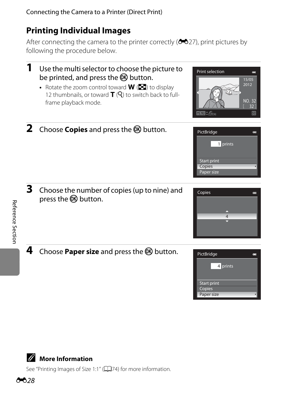 Printing individual images, E28), Choose copies and press the k button | Choose paper size and press the k button | Nikon P310 User Manual | Page 148 / 244