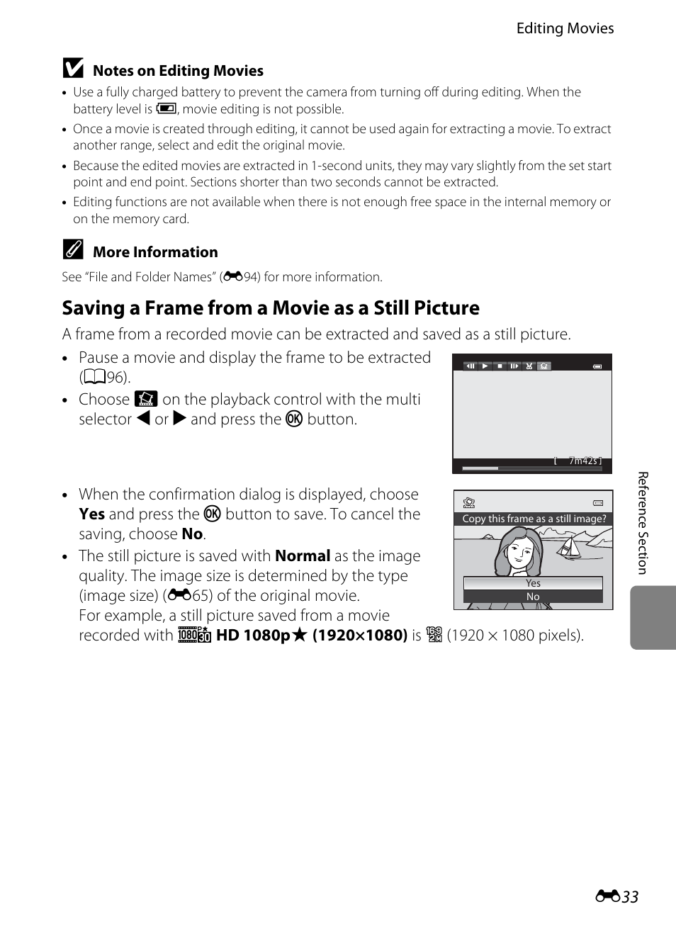 Saving a frame from a movie as a still picture, E33) | Nikon P310 User Manual | Page 153 / 244