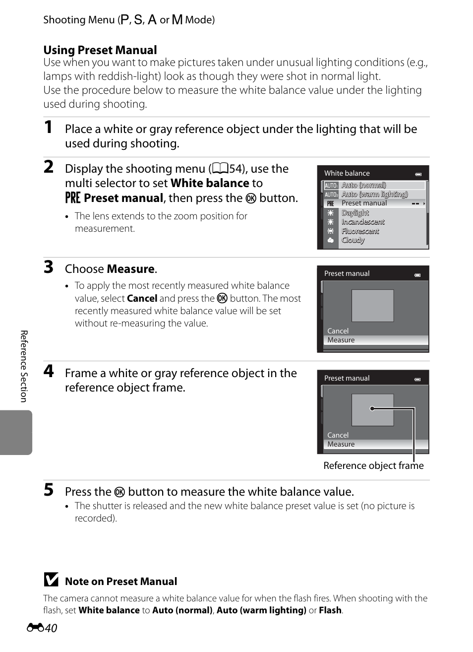 Using preset manual, E40), Button | Choose measure, Press the, Button to measure the white balance value | Nikon P310 User Manual | Page 160 / 244