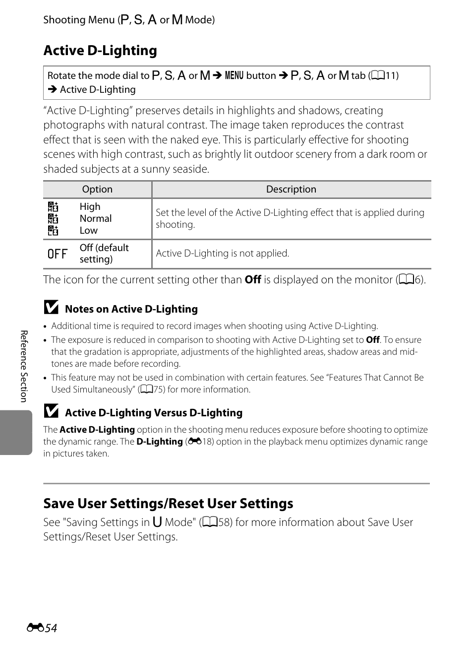 Active d-lighting, Save user settings/reset user settings | Nikon P310 User Manual | Page 174 / 244