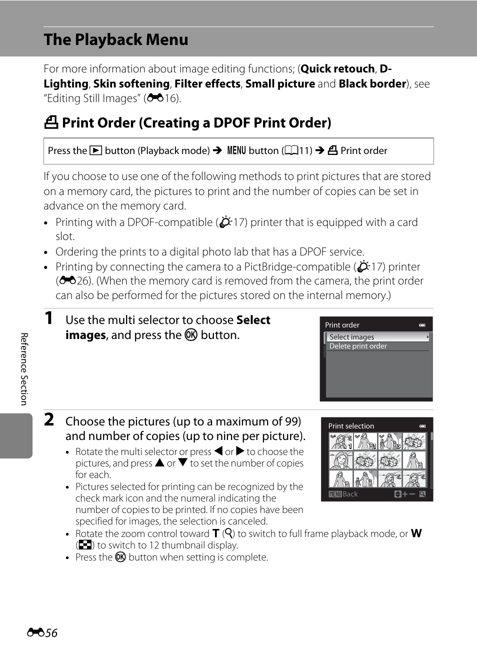 The playback menu, Print order (creating a dpof print order), A print order (creating a dpof print order) | Ack menu” (e56, E56) op, E56) | Nikon P310 User Manual | Page 176 / 244