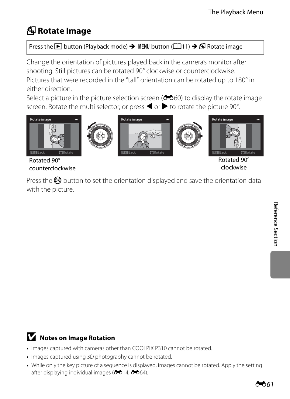 Rotate image, F rotate image, E61) | Nikon P310 User Manual | Page 181 / 244