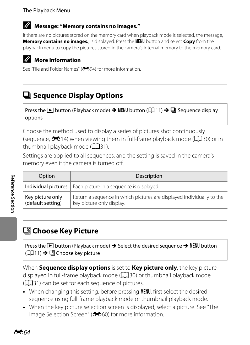 Sequence display options, Choose key picture, C sequence display options | X choose key picture, E64), E64) to, E64) i | Nikon P310 User Manual | Page 184 / 244