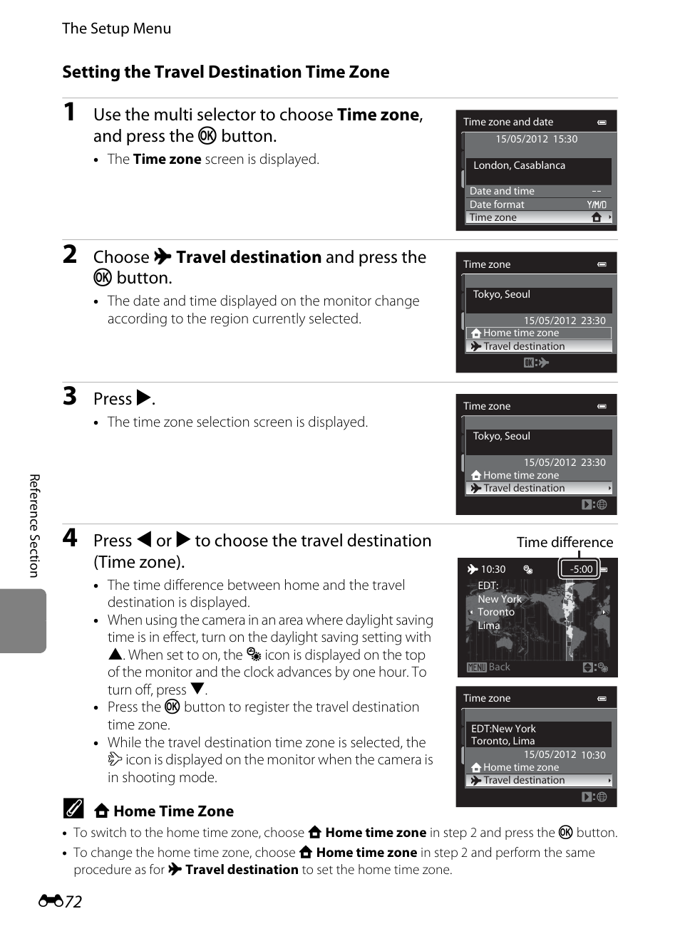 Setting the travel destination time zone, Choose x travel destination and press the k button, Press k | Nikon P310 User Manual | Page 192 / 244