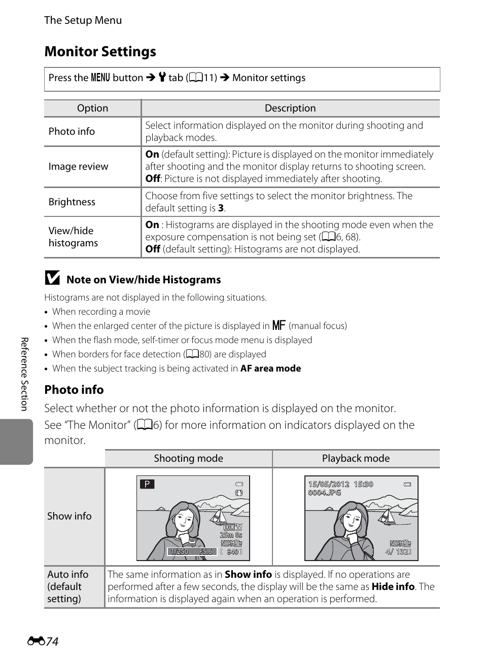 Monitor settings, Photo info | Nikon P310 User Manual | Page 194 / 244