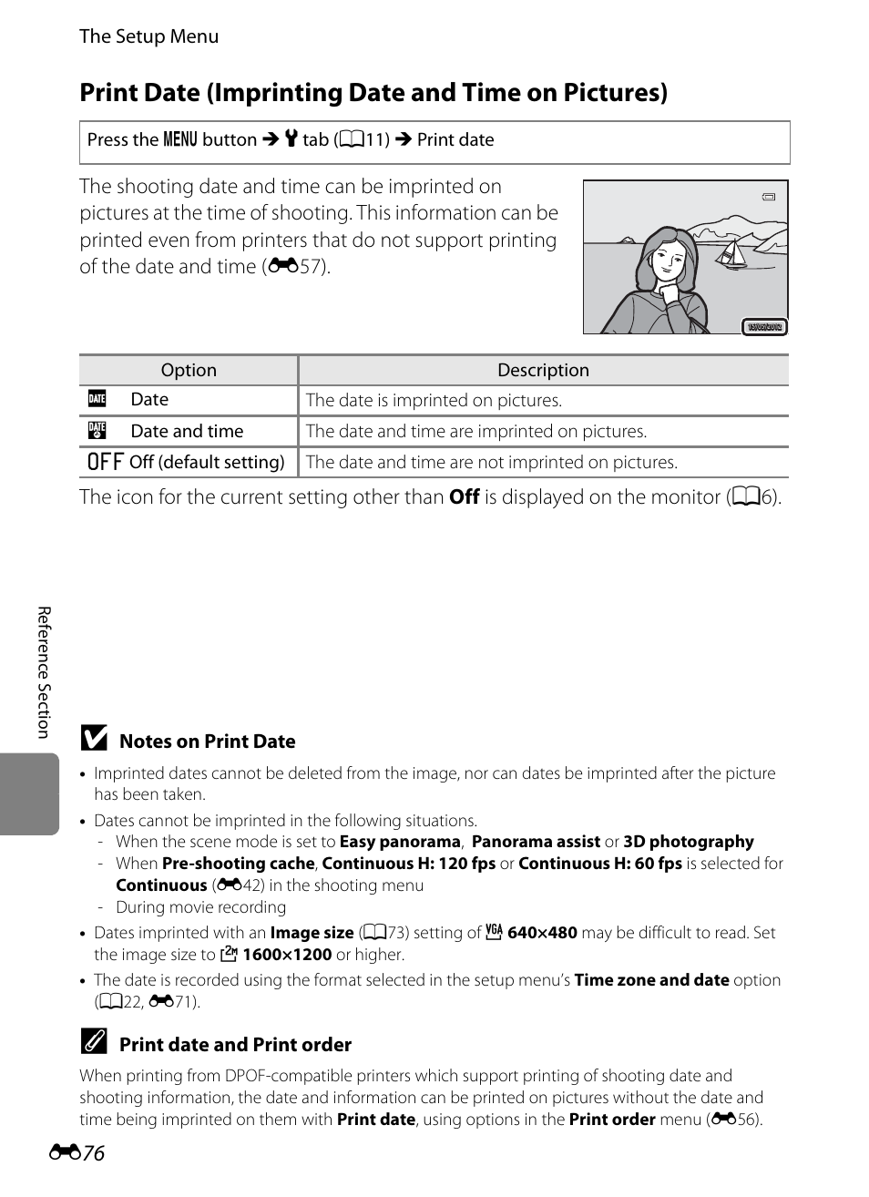 Print date (imprinting date and time on pictures), E76) | Nikon P310 User Manual | Page 196 / 244