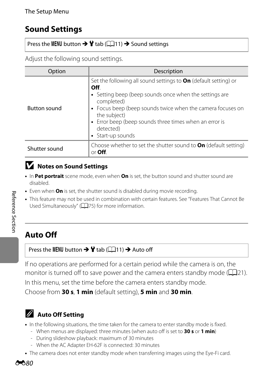 Sound settings, Auto off, E80) trig | E80) | Nikon P310 User Manual | Page 200 / 244