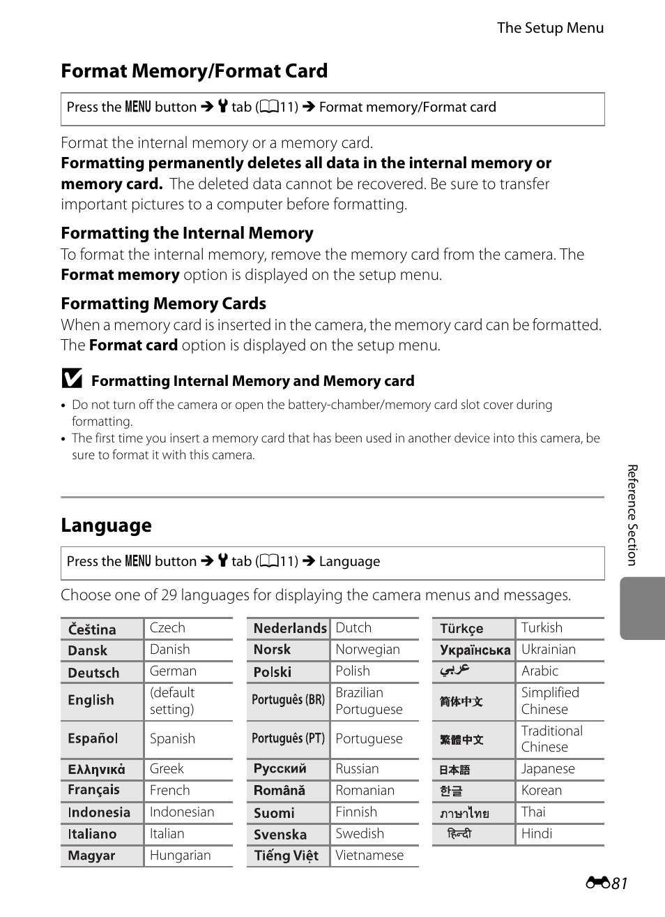 Format memory/format card, Language, E81) per | Nikon P310 User Manual | Page 201 / 244