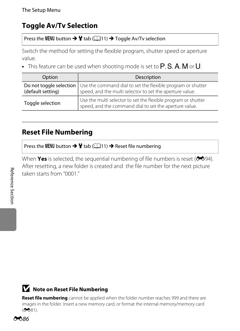 Toggle av/tv selection, Reset file numbering | Nikon P310 User Manual | Page 206 / 244