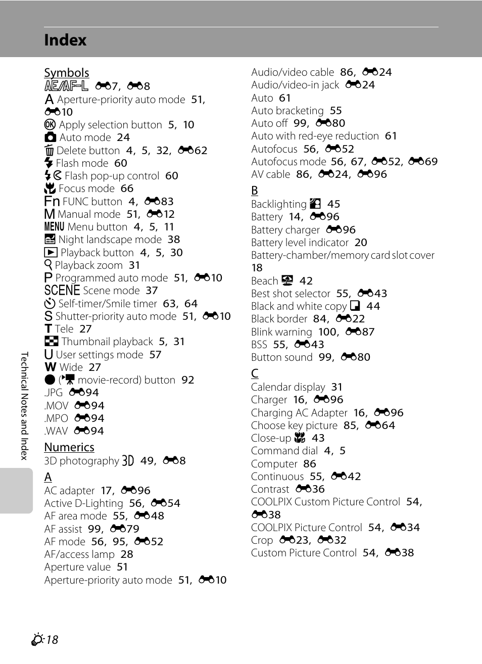 Index, F 18 | Nikon P310 User Manual | Page 238 / 244