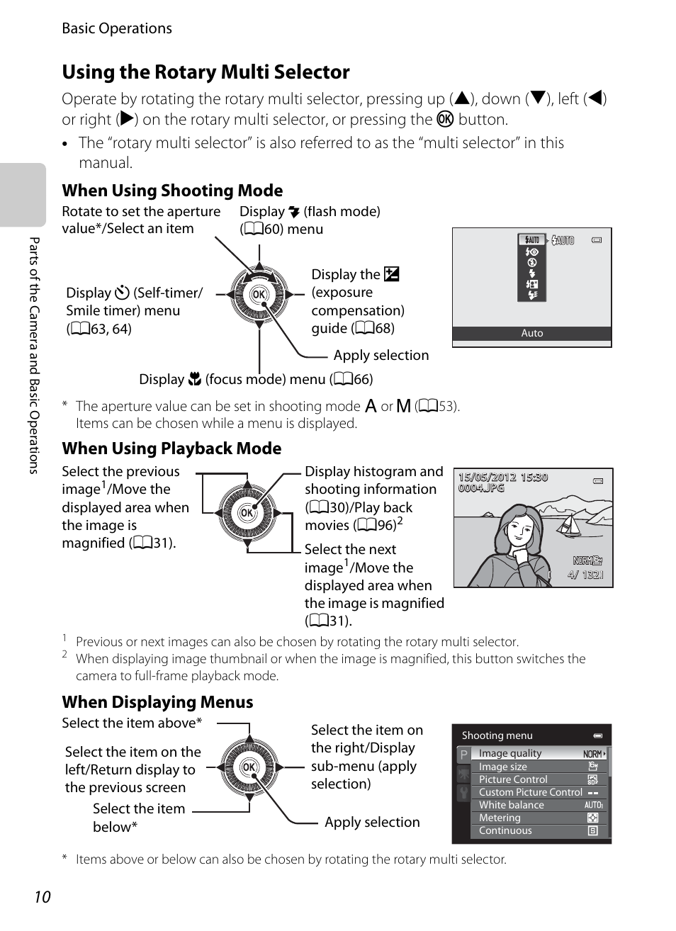 Using the rotary multi selector, When using shooting mode, When using playback mode | When displaying menus | Nikon P310 User Manual | Page 28 / 244