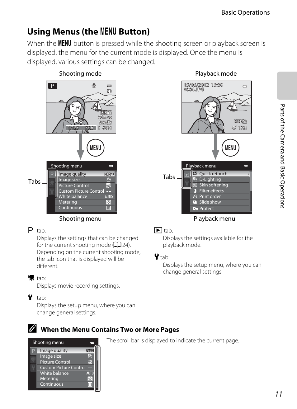 Using menus (the menu button), Using menus (the, D button) | Using menus (the d button), Basic operations, When the menu contains two or more pages | Nikon P310 User Manual | Page 29 / 244