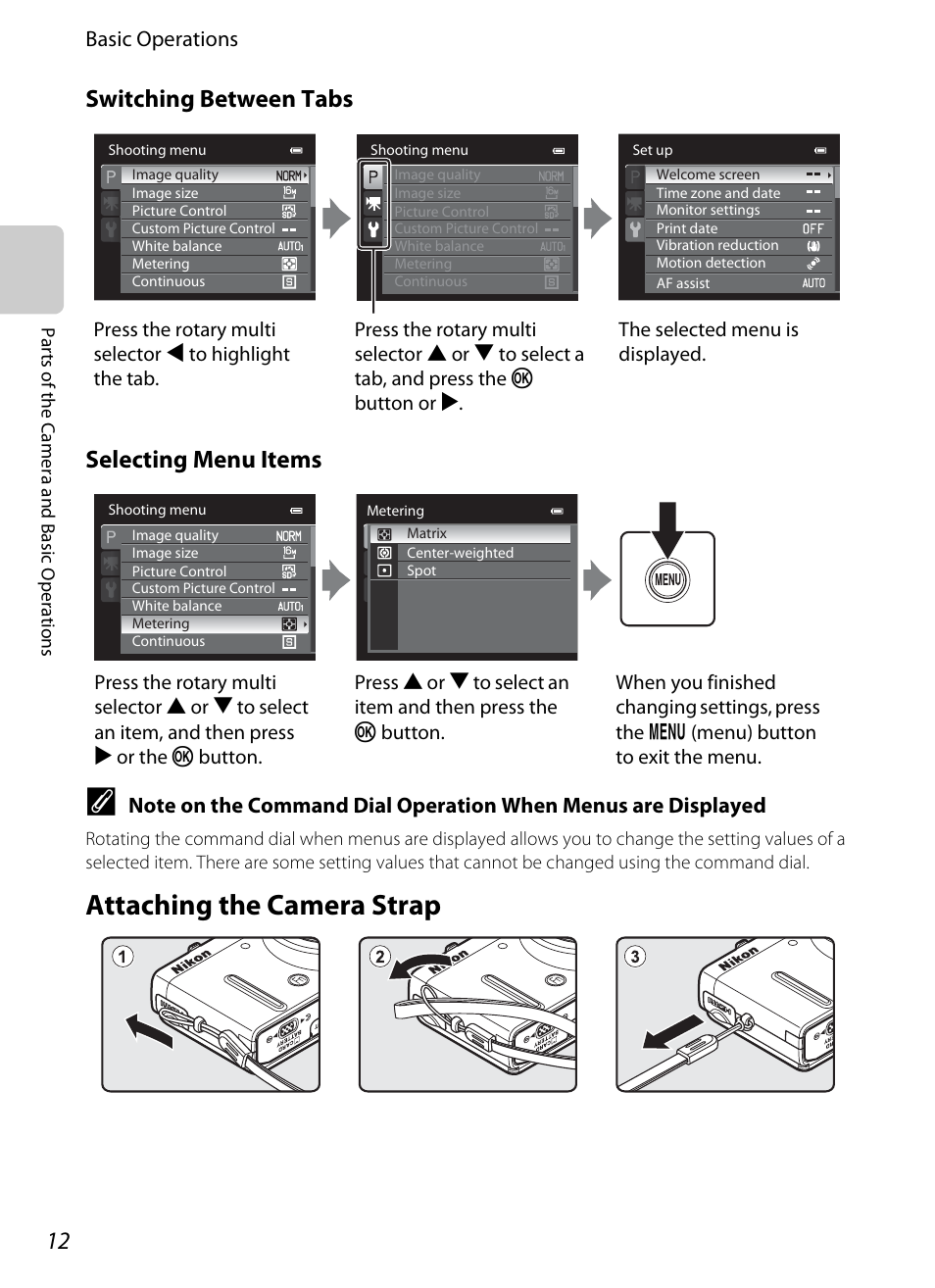 Attaching the camera strap, Switching between tabs selecting menu items, Basic operations | Nikon P310 User Manual | Page 30 / 244