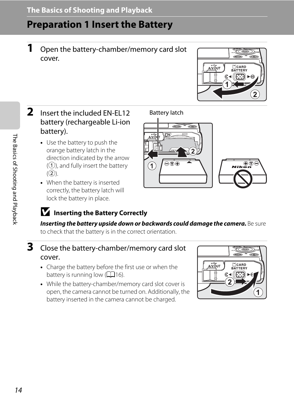 Preparation 1 insert the battery | Nikon P310 User Manual | Page 32 / 244