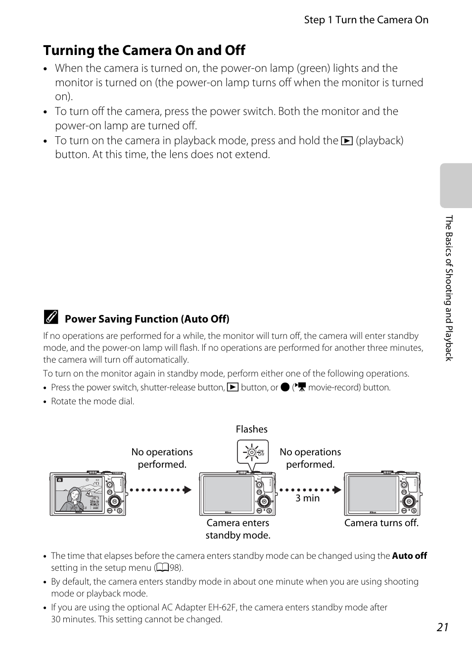 Turning the camera on and off, Step 1 turn the camera on, Power saving function (auto off) | Nikon P310 User Manual | Page 39 / 244