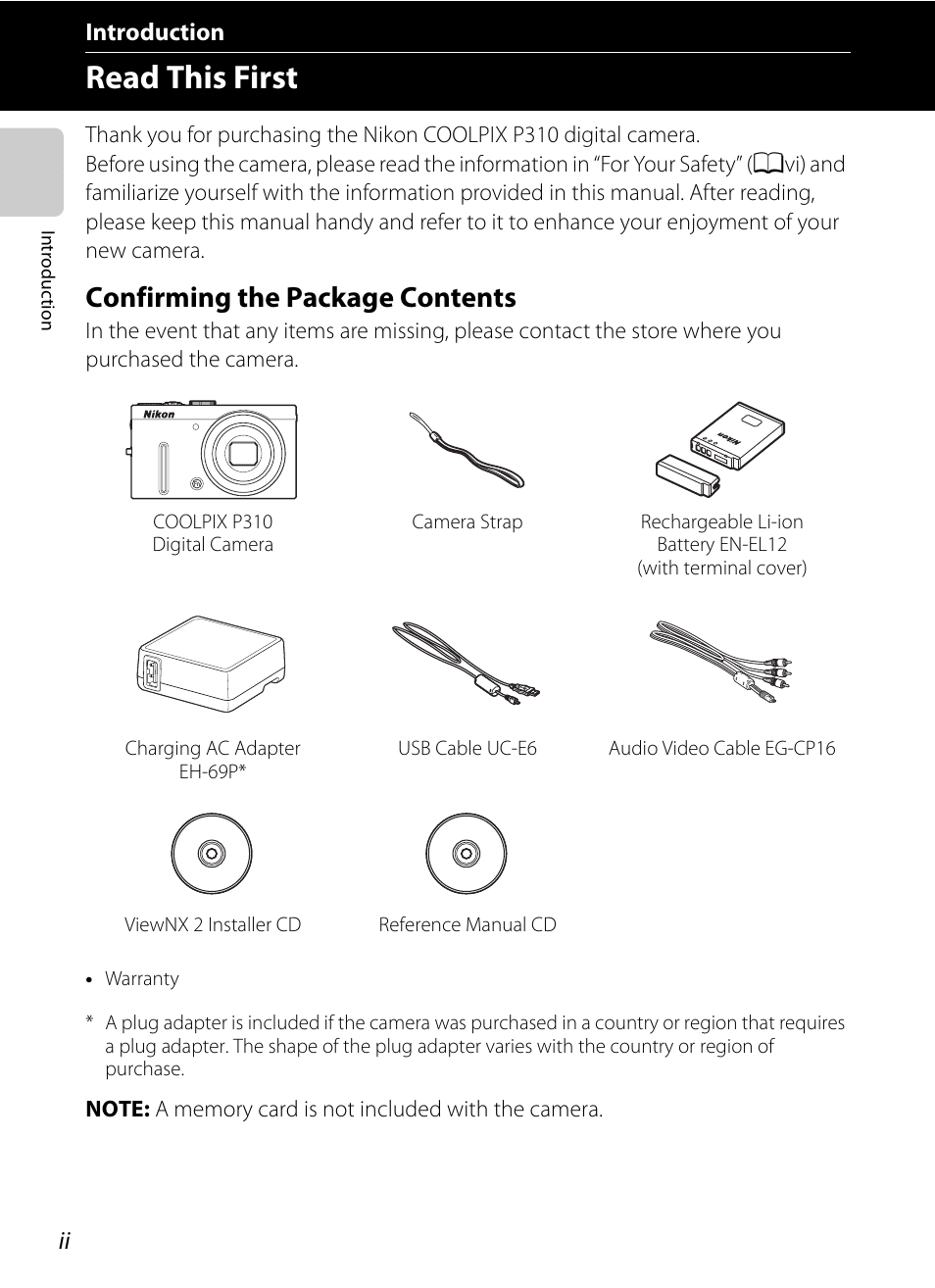 Introduction, Read this first, Confirming the package contents | Nikon P310 User Manual | Page 4 / 244