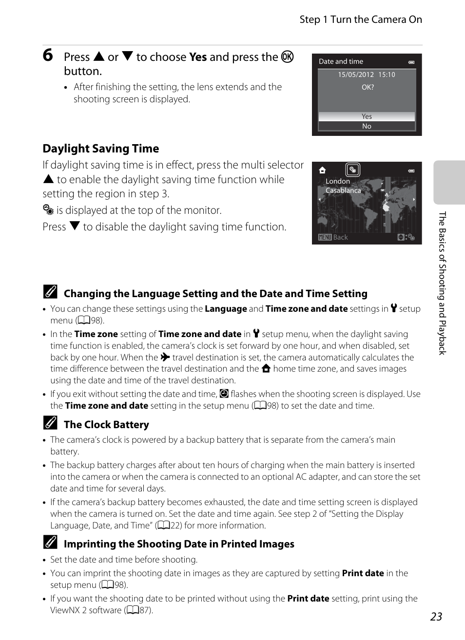 Press h or i to choose yes and press the k button, Daylight saving time | Nikon P310 User Manual | Page 41 / 244