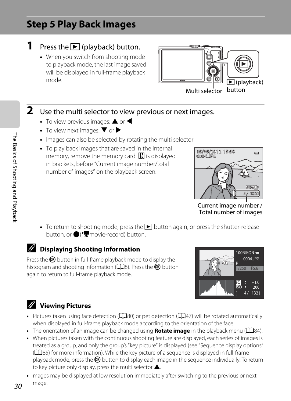 Step 5 play back images, A30), A30)/play back | Press the c (playback) button | Nikon P310 User Manual | Page 48 / 244