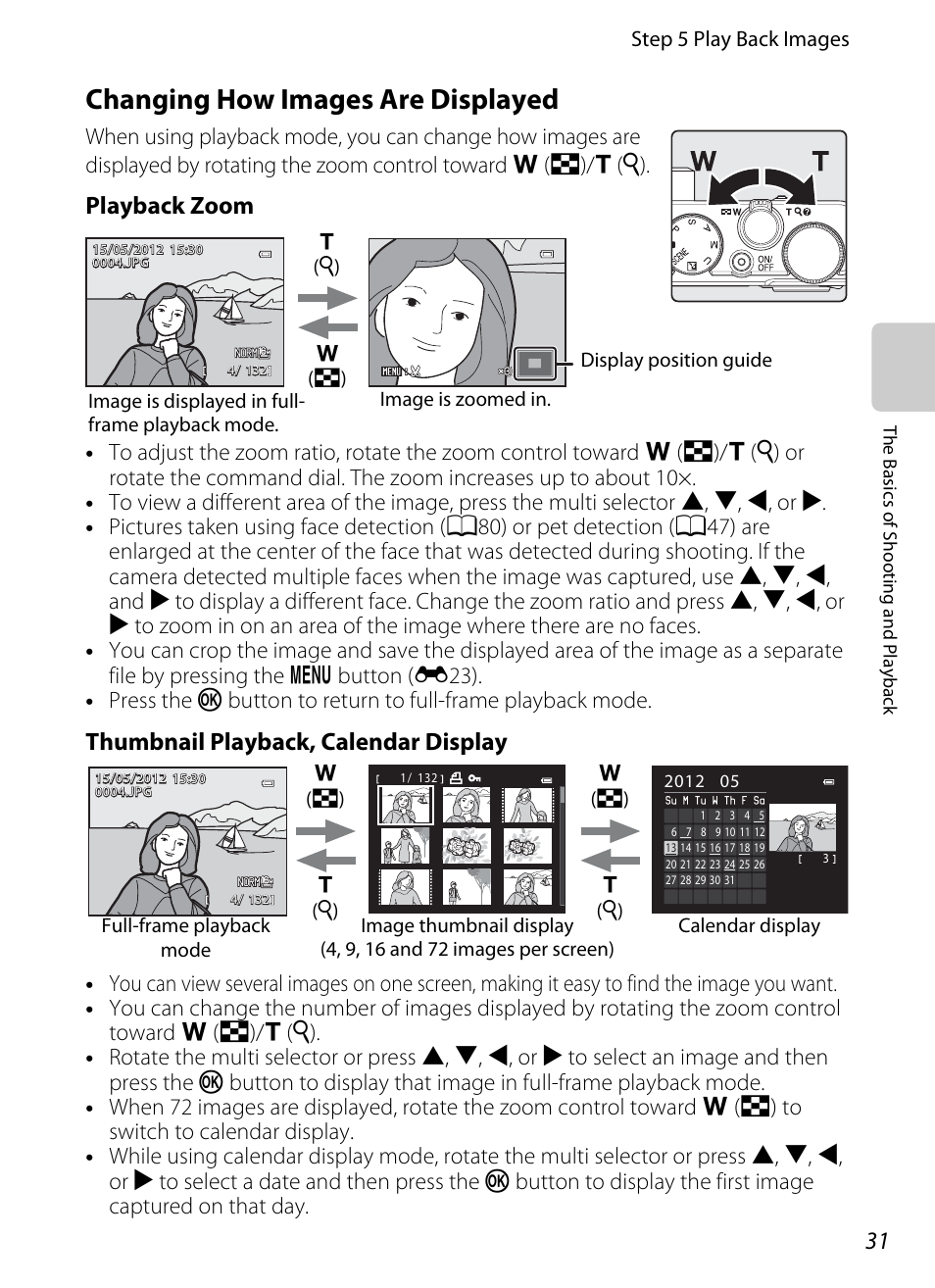 Changing how images are displayed, A31), Playback zoom | Thumbnail playback, calendar display | Nikon P310 User Manual | Page 49 / 244