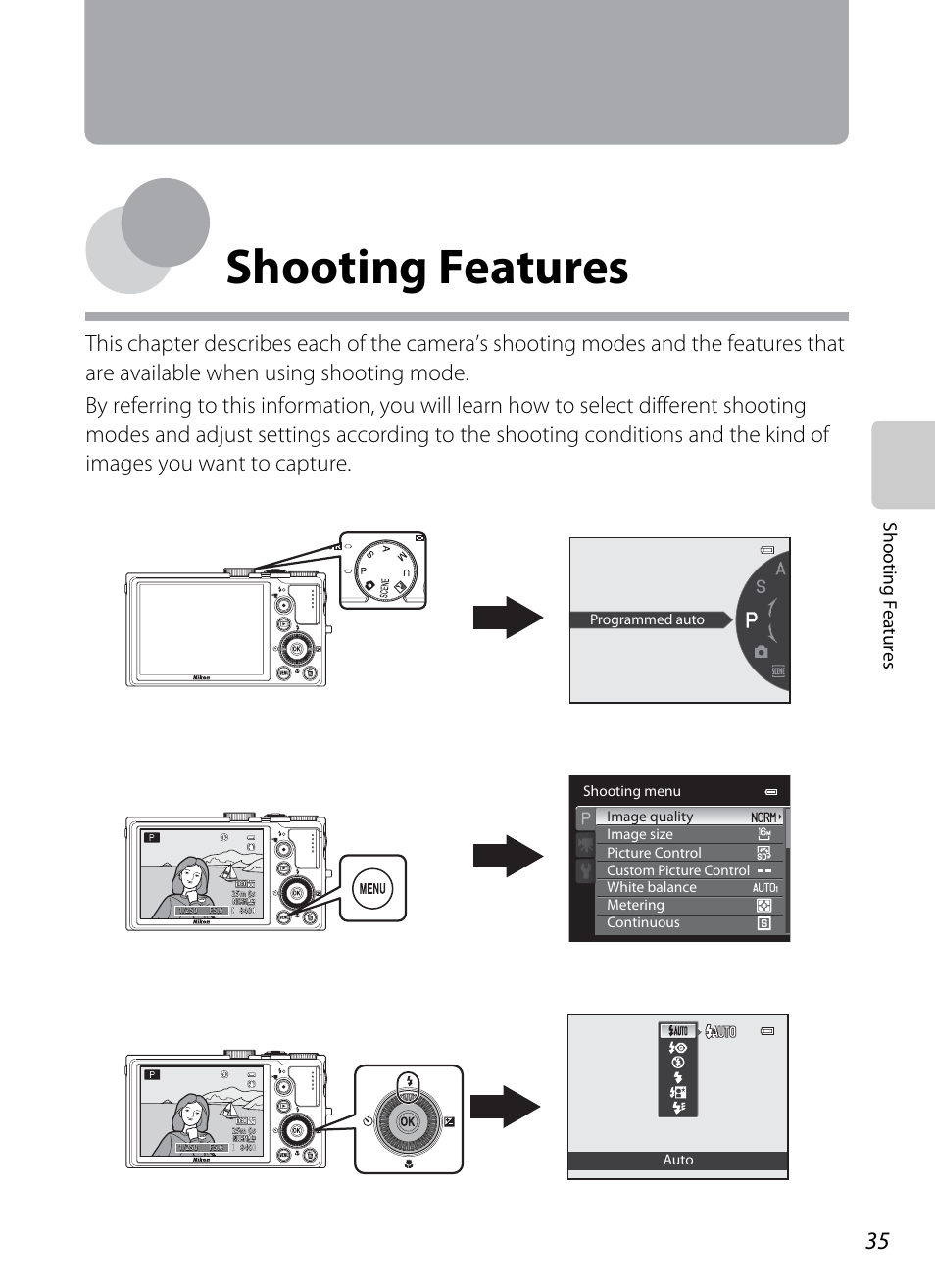 Shooting features, Shooting, Features | A35), Sh ooting feat ures | Nikon P310 User Manual | Page 53 / 244