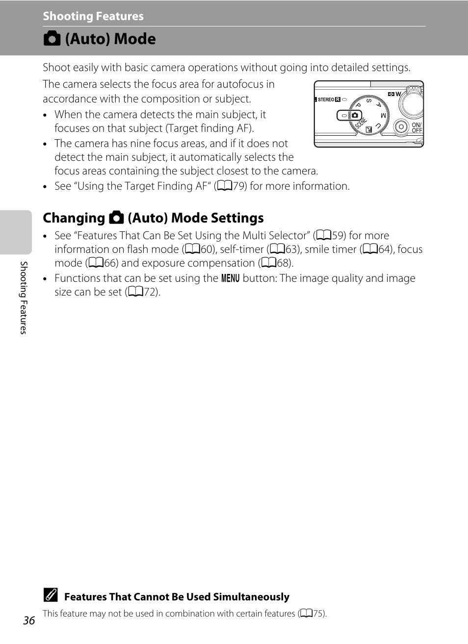 Auto mode, Changing auto mode settings, A (auto) mode | Changing a (auto) mode settings, A36) | Nikon P310 User Manual | Page 54 / 244