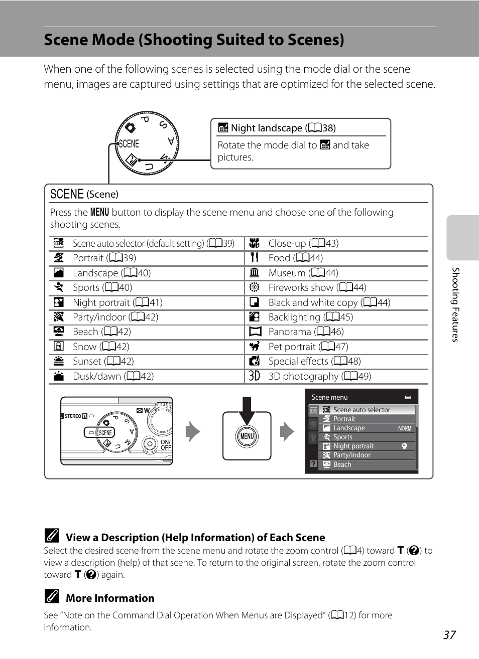 Scene mode (shooting suited to scenes), A37) | Nikon P310 User Manual | Page 55 / 244