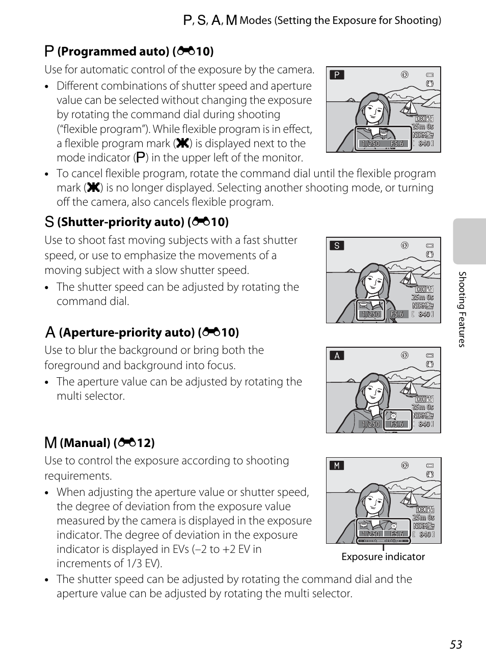 A53), A (programmed auto) ( e 10), B (shutter-priority auto) ( e 10) | C (aperture-priority auto) ( e 10), D (manual) ( e 12), Exposure indicator | Nikon P310 User Manual | Page 71 / 244