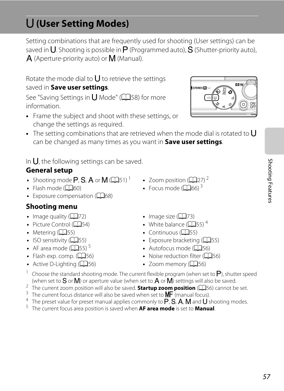 U (user setting modes), I (user setting modes), A57) | General setup shooting menu | Nikon P310 User Manual | Page 75 / 244