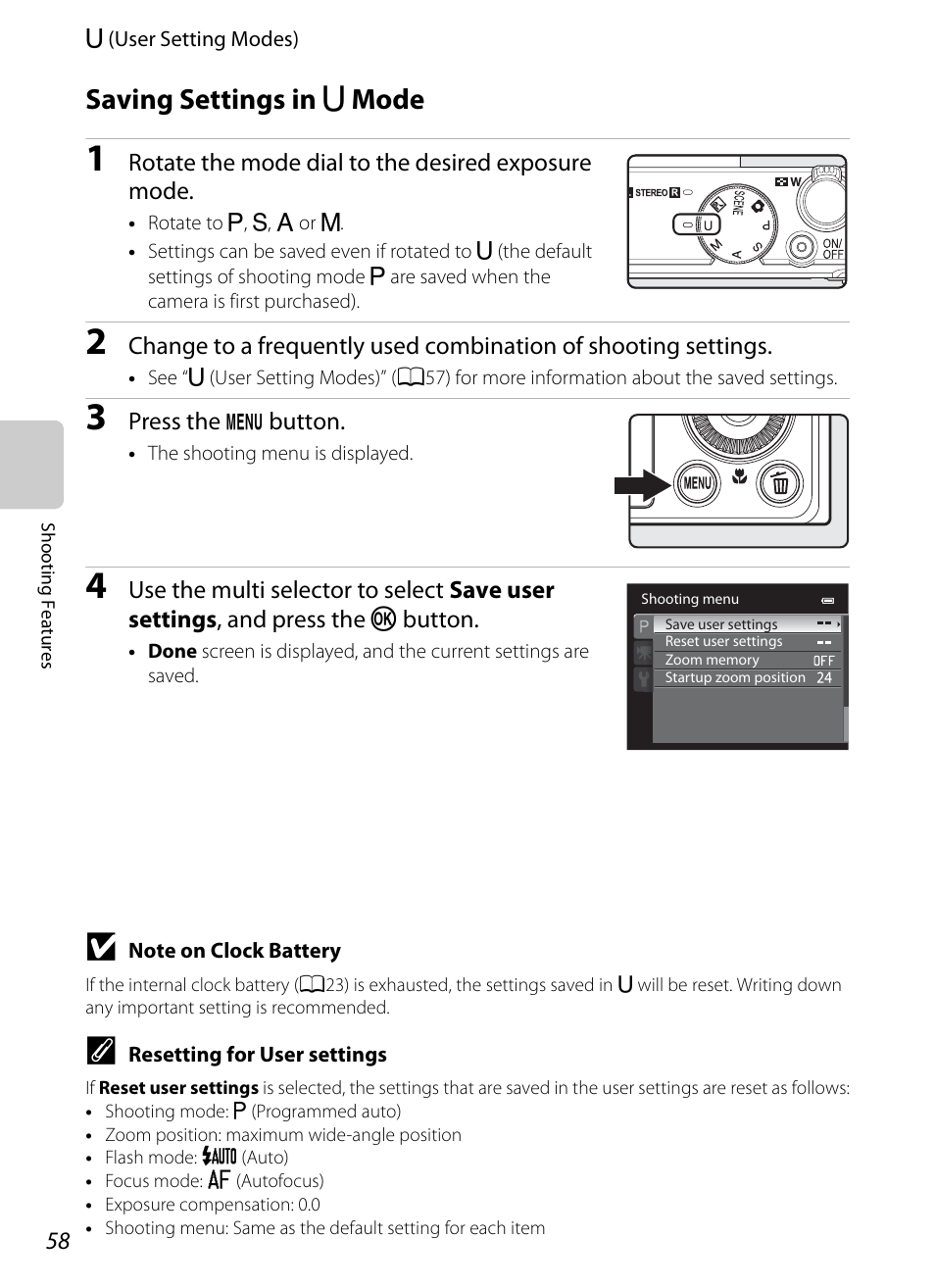 Saving settings in u mode, Saving settings in, I mode | See "saving settings in, I mode" (a58) for mo, Saving settings in i mode | Nikon P310 User Manual | Page 76 / 244