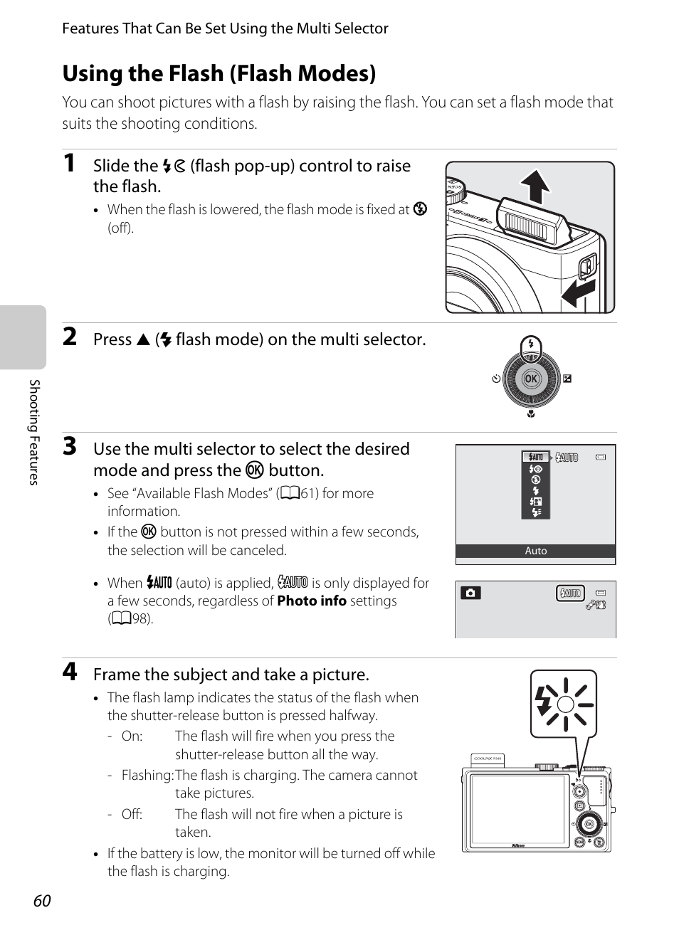 Using the flash (flash modes), A60) men, A60) se | A60), s, A60), Information on flash mode | Nikon P310 User Manual | Page 78 / 244