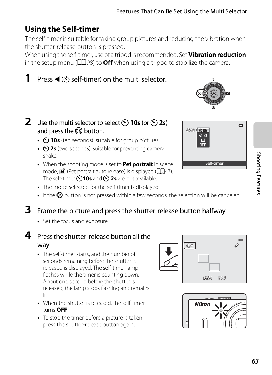 Using the self-timer, A63, 6, A63) | A63)/s, Imer | Nikon P310 User Manual | Page 81 / 244