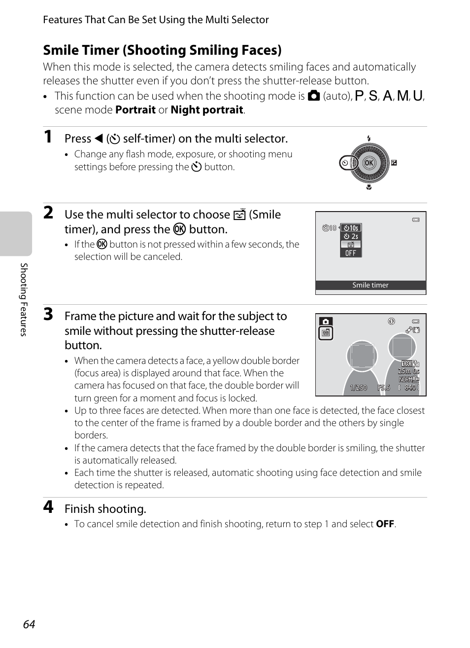 Smile timer (shooting smiling faces), A64), foc, A64) | Nikon P310 User Manual | Page 82 / 244