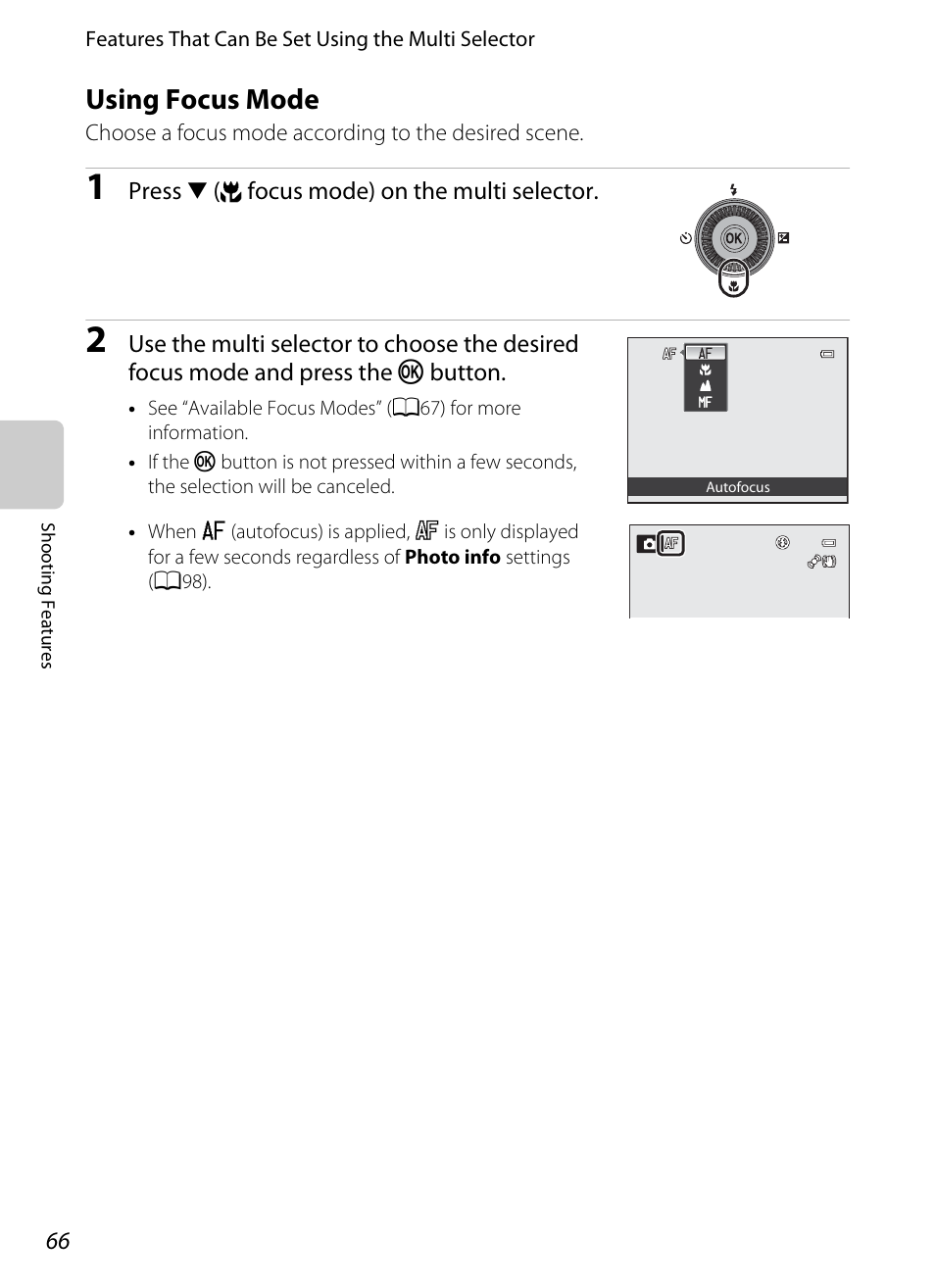 Using focus mode, Ocus, A66) | Nikon P310 User Manual | Page 84 / 244