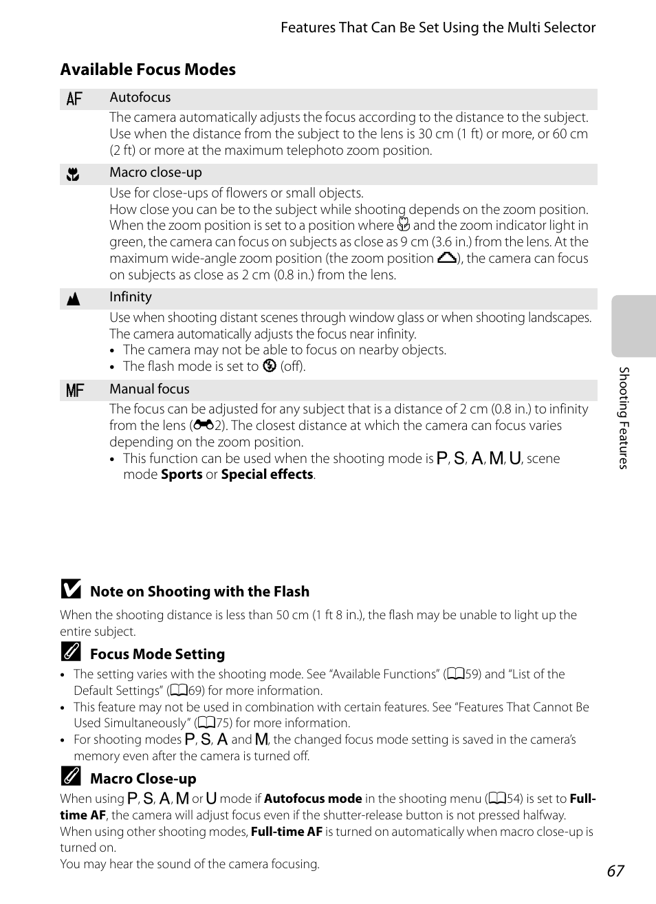A67) in, Available focus modes | Nikon P310 User Manual | Page 85 / 244