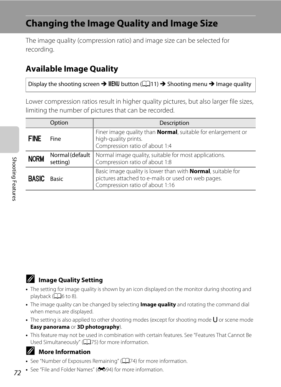Changing the image quality and image size, Available image quality, A72) | 72). the default | Nikon P310 User Manual | Page 90 / 244
