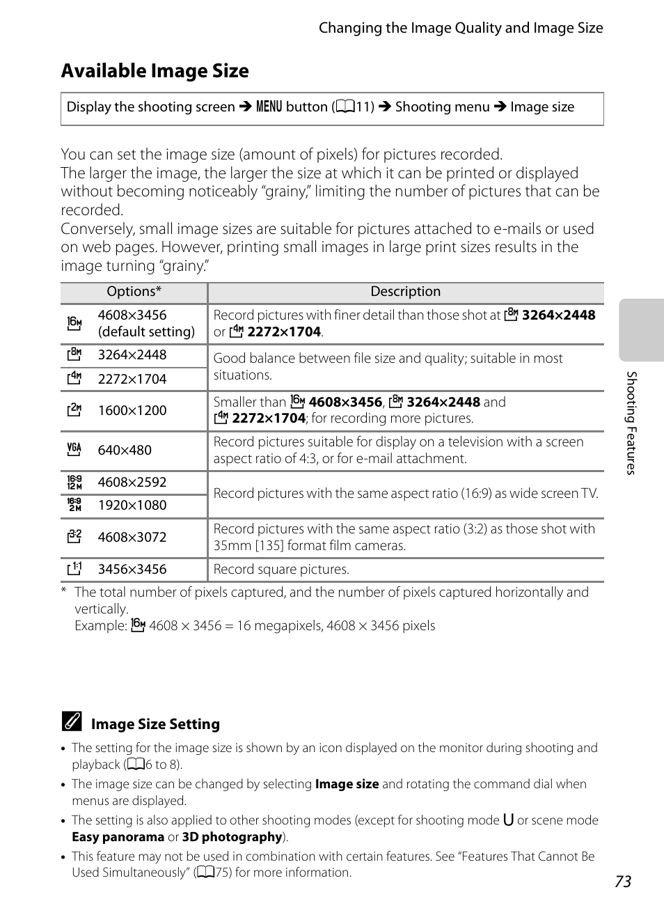 Available image size, 73). the default, A73) | Nikon P310 User Manual | Page 91 / 244