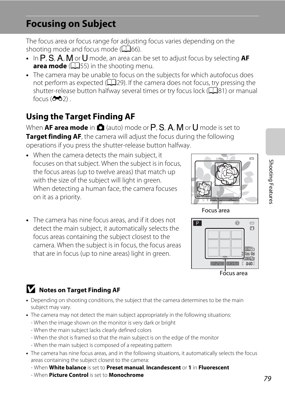 Focusing on subject, Using the target finding af, Ee “focusing on subject | A79) | Nikon P310 User Manual | Page 97 / 244