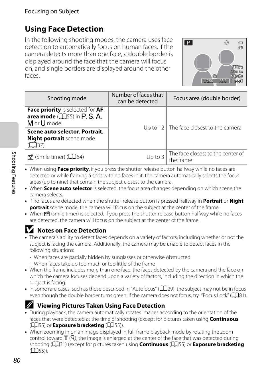 Using face detection, A80) or, A80) for | Using face, Detection, A80) | Nikon P310 User Manual | Page 98 / 244