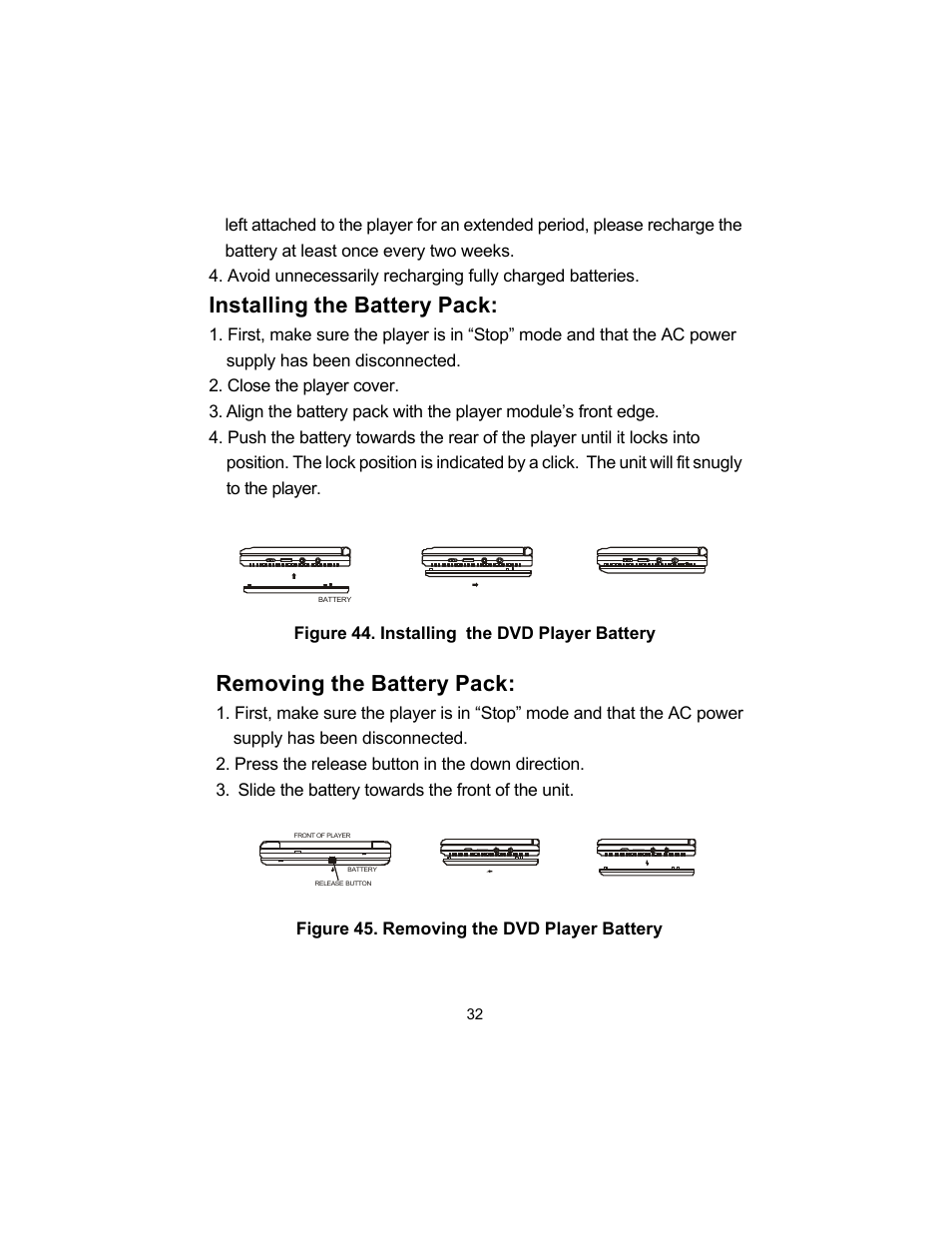 Removing the battery pack, Installing the battery pack | Audiovox D1705 User Manual | Page 32 / 33