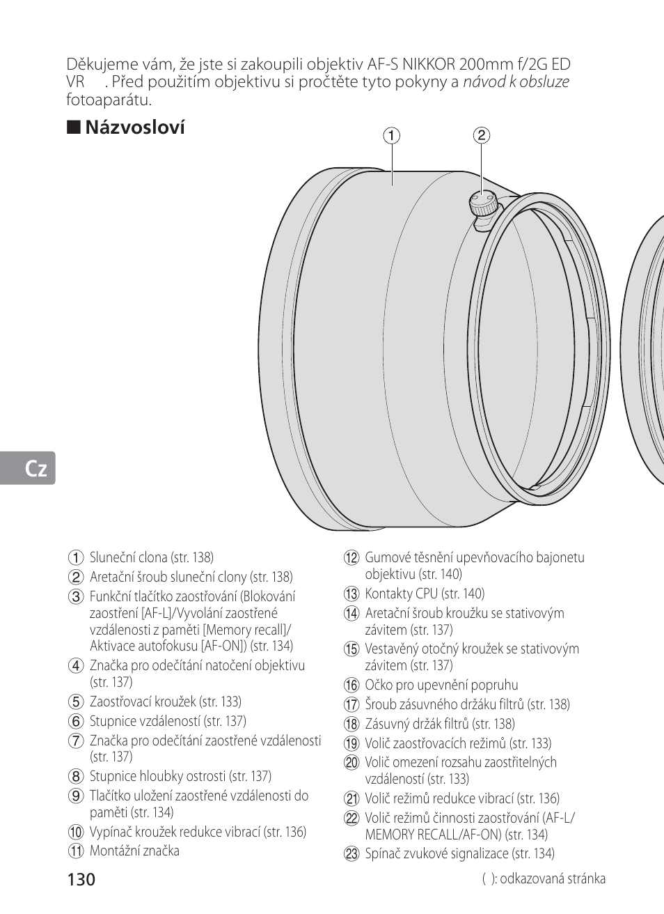 Jp en de fr es se ru nl it cz ch kr, Názvosloví | Nikon AF-S VR II 200mm f-2G ED User Manual | Page 130 / 228