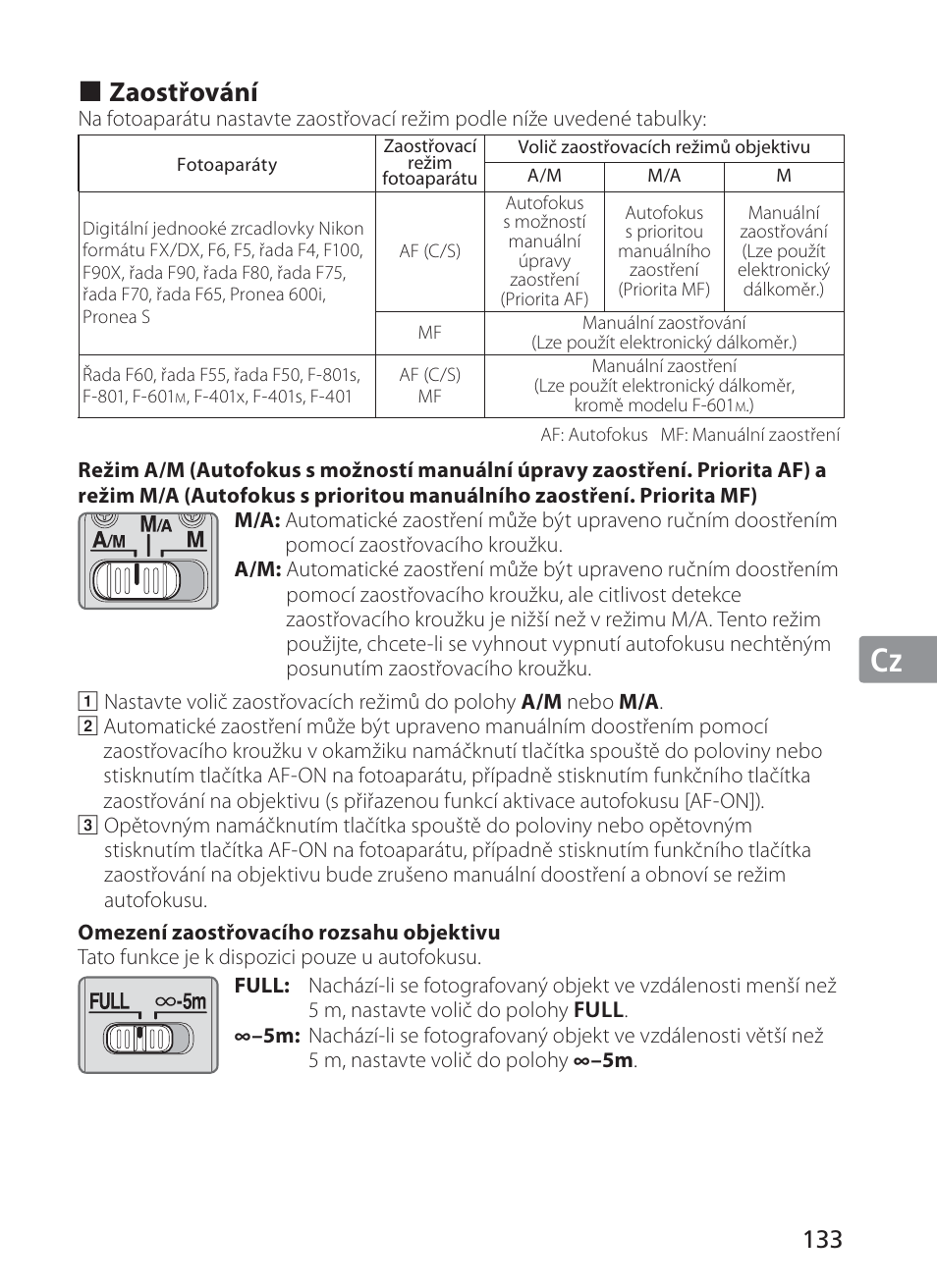 Jp en de fr es se ru nl it cz ch kr, Zaostřování | Nikon AF-S VR II 200mm f-2G ED User Manual | Page 133 / 228