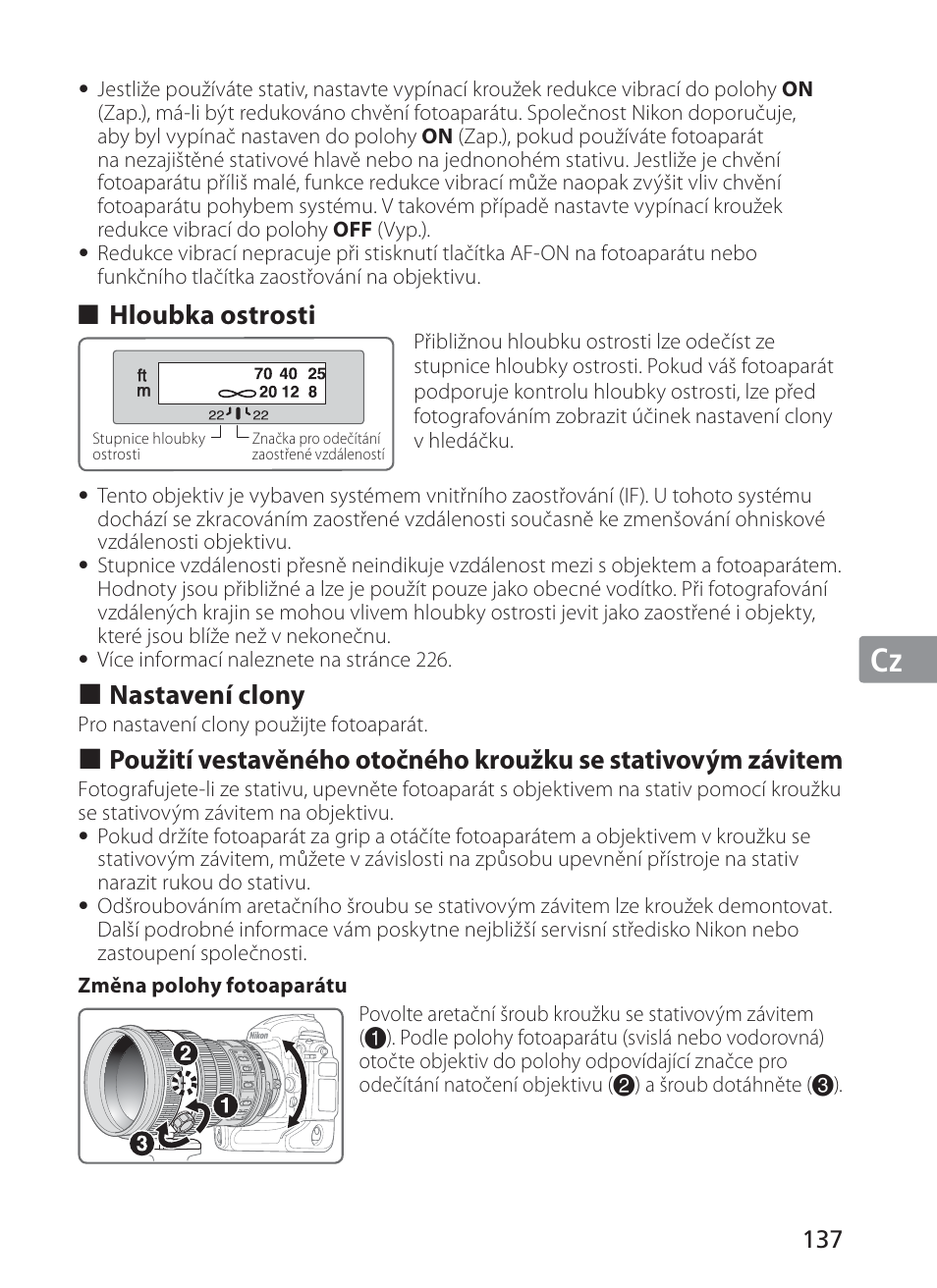 Jp en de fr es se ru nl it cz ch kr, Hloubka ostrosti, Nastavení clony | Nikon AF-S VR II 200mm f-2G ED User Manual | Page 137 / 228