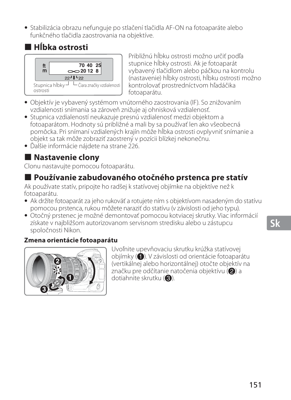 Jp en de fr es se ru nl it cz sk kr, Hĺbka ostrosti, Nastavenie clony | Nikon AF-S VR II 200mm f-2G ED User Manual | Page 151 / 228