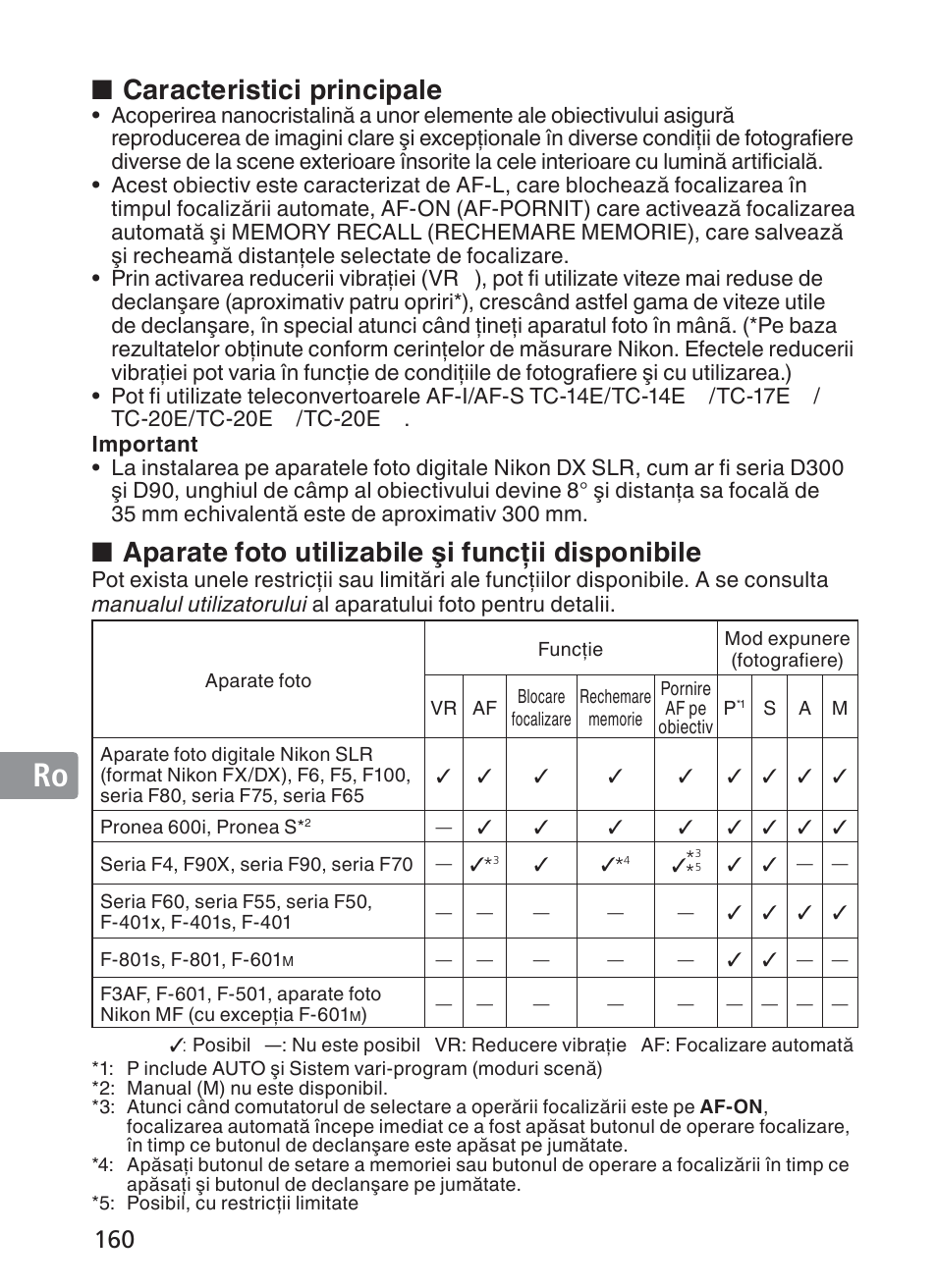 Caracteristici principale, Aparate foto utilizabile şi funcţii disponibile | Nikon AF-S VR II 200mm f-2G ED User Manual | Page 160 / 228